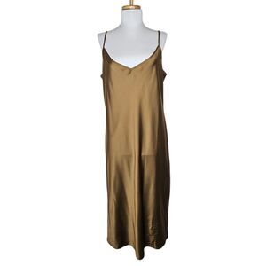 House of Harlow 1960 Brown Satin Slip Dress Midi Maxi Spaghetti Strap Minimal XL